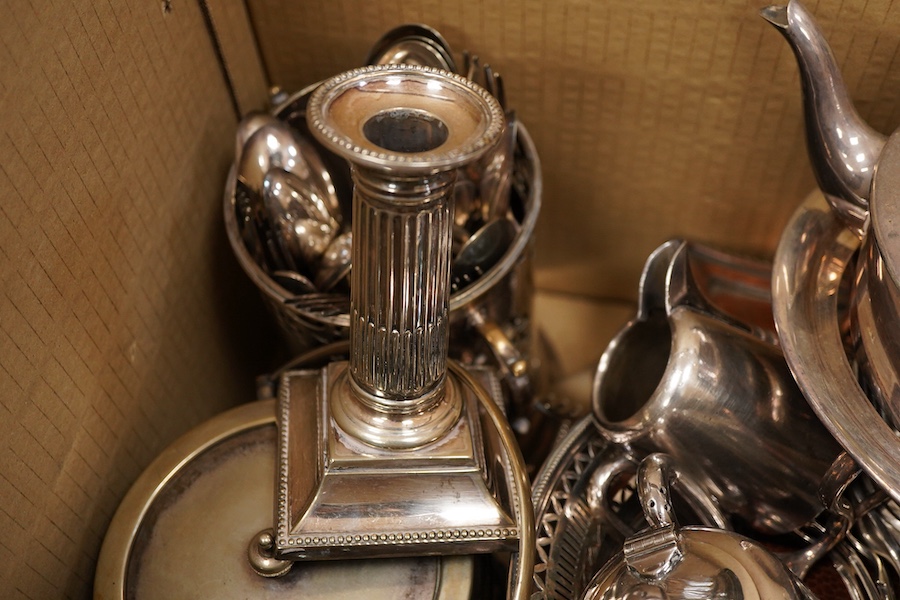 A collection of electroplate including a meat dome- 31cm wide, a kettle on stand, a pair of candle sticks etc